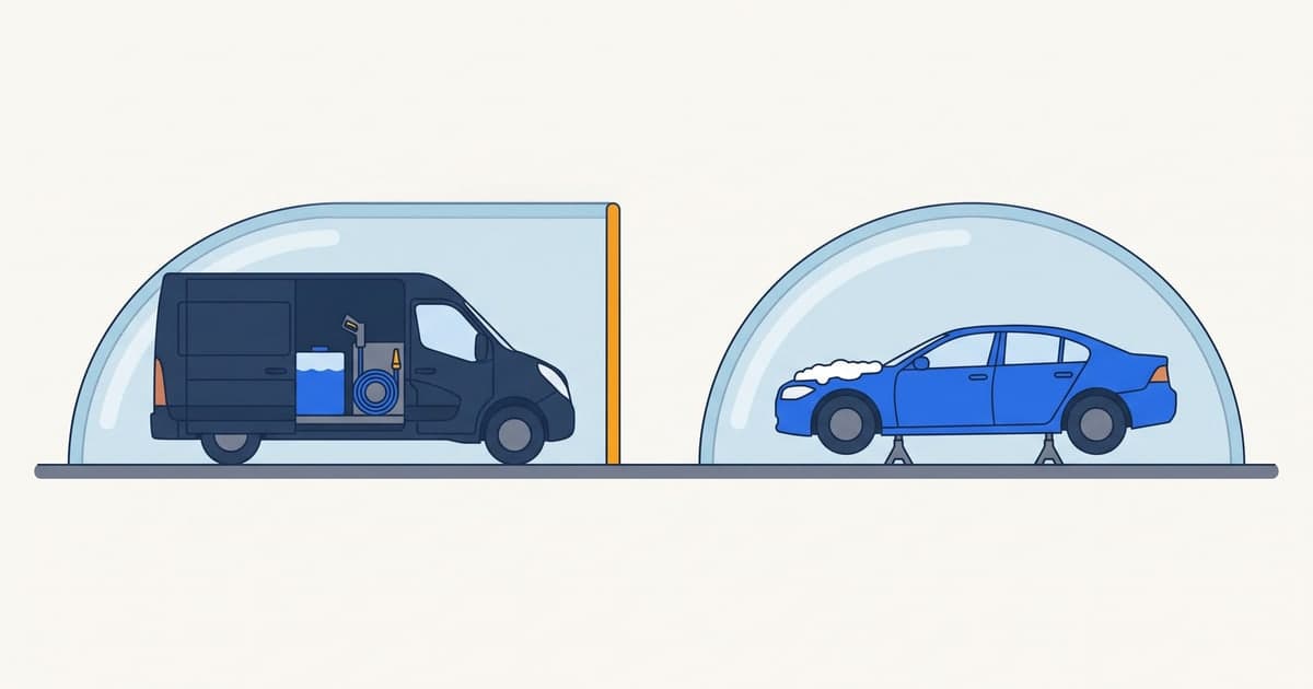 Diagram of auto detailing cover: the detailer's van sits under one shell, while the customer's car needs its own separate garagekeepers shell