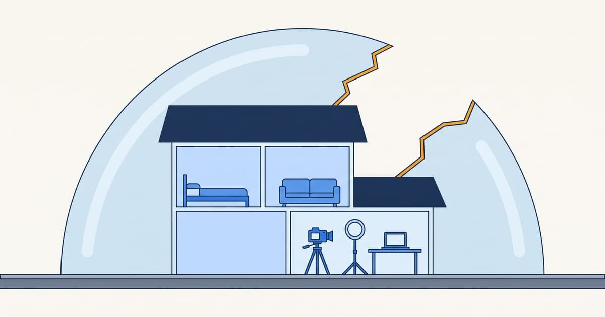 Diagram of a content creator's gap: the house sits under a homeowners shell, but the glass breaks open over the room set up as a filming studio