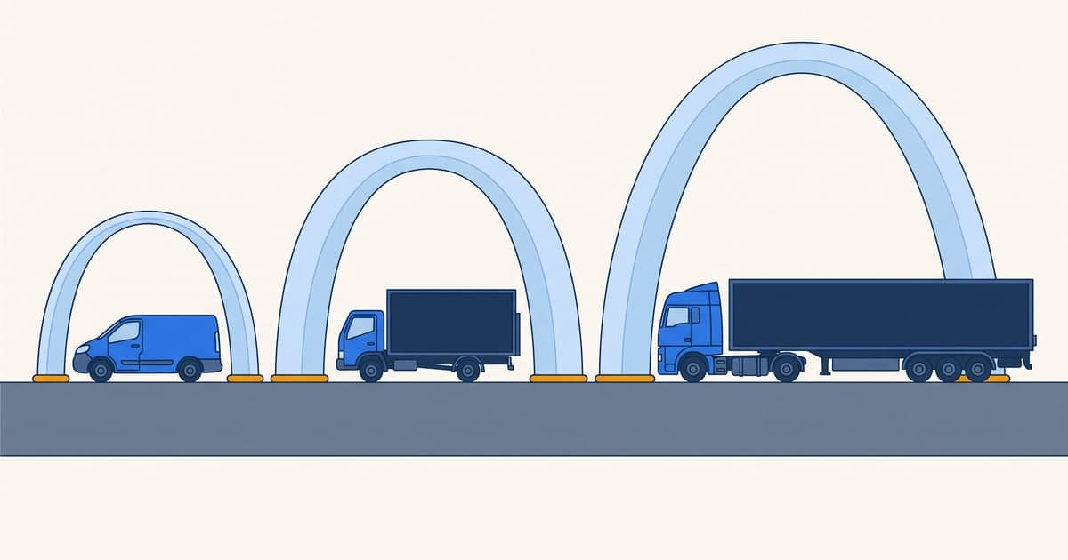Diagram of how DOT insurance minimums scale: a van, box truck and tractor-trailer each under a progressively larger shelter matched to weight and cargo