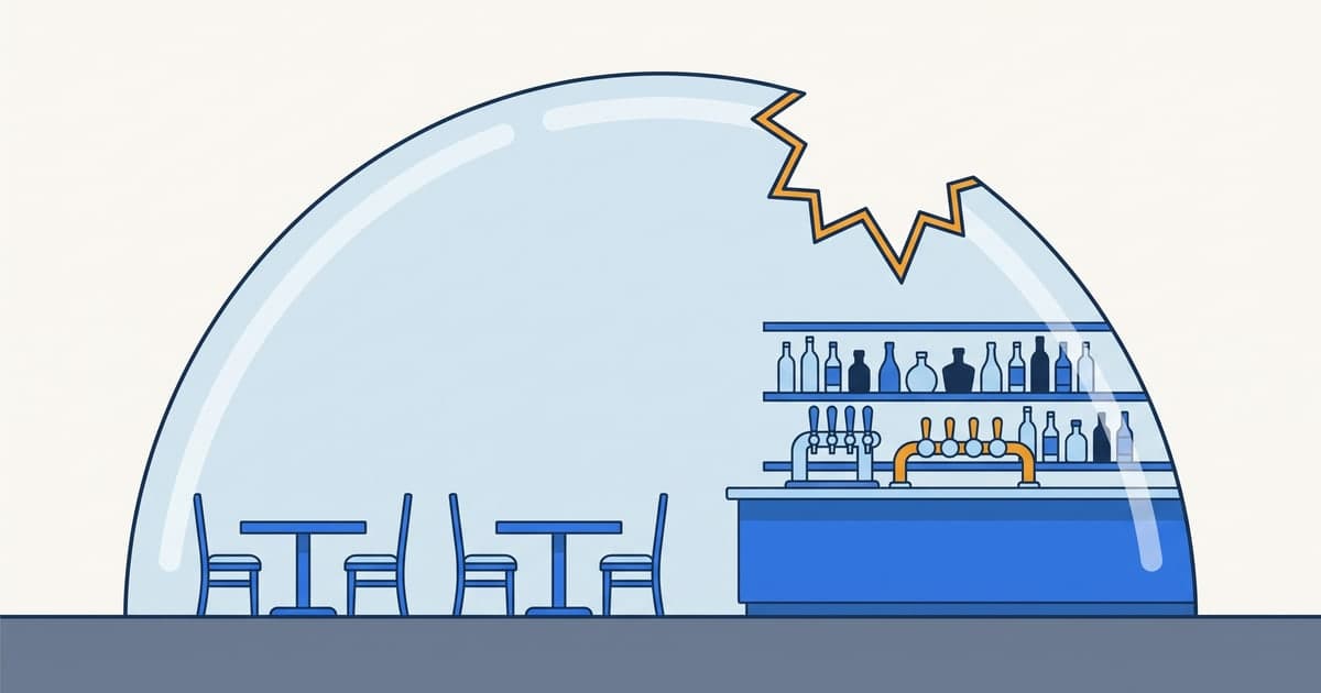 Diagram of the liquor liability exclusion: a restaurant's dining room stays under its general liability dome while the glass breaks open above the bar