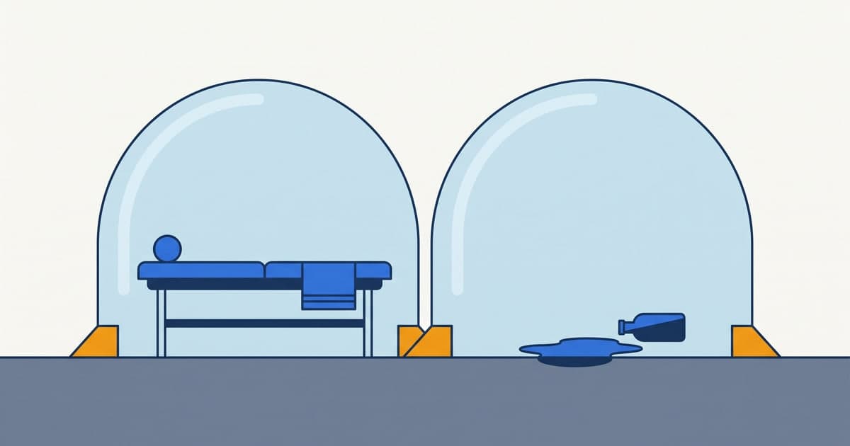 Diagram of the massage therapist policy split: the treatment table under professional liability, a spilled-oil hazard under a separate general liability shell
