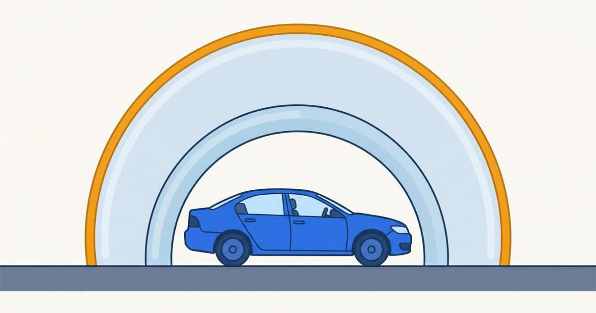 Diagram of Michigan auto insurance limits: a car beneath two arches, the far larger outer one marking the 250/500 level a policy defaults to above the state minimum