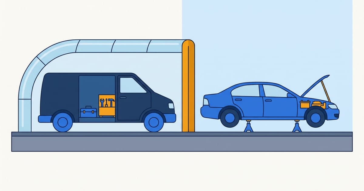 Diagram of the mobile mechanic garagekeepers gap: a service van sheltered under its own cover while the customer car in its care sits outside, unprotected