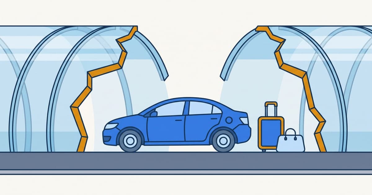 Diagram of rental car insurance gaps: a car and travel luggage standing in a break in the protection covering the road