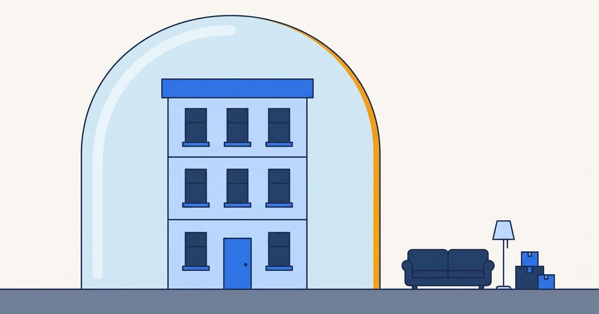 Diagram of renters insurance and the landlord's policy: the apartment building sits under its own shell while a tenant's sofa, lamp and boxes stay outside it
