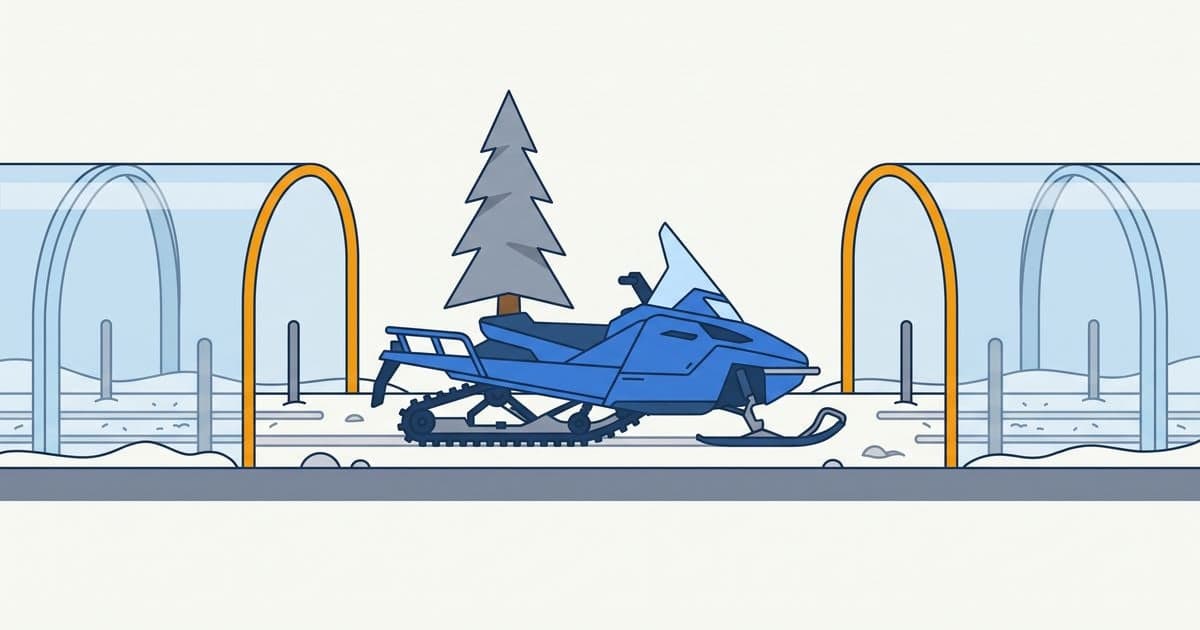 Diagram of snowmobile insurance rules: a sled on open snow between two covered trail sections, showing how most state mandates depend on where you ride