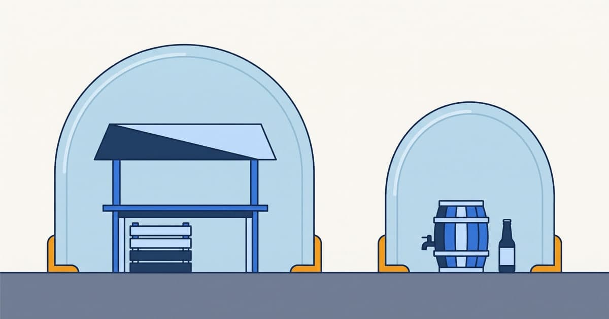 Diagram of special event insurance: a vendor stall under general liability with a separate shelter over the alcohol, showing liquor liability is bought apart