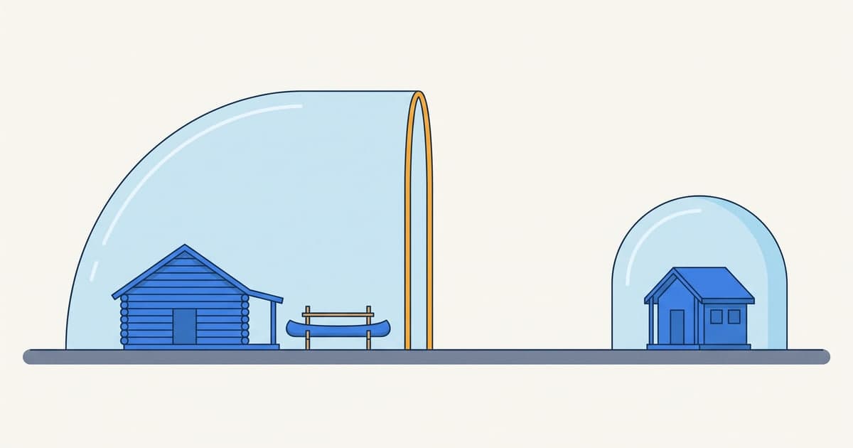 Diagram of summer camp cover: the main cabin and canoe sit under one liability shell, while a bunkhouse needs its own separate shell, like abuse cover bought apart