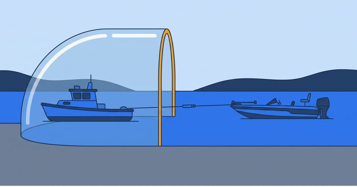 Diagram of a long-distance tow on a Tennessee lake: the tow boat starts under cover, but the shell ends before the disabled bass boat at the far end of the line