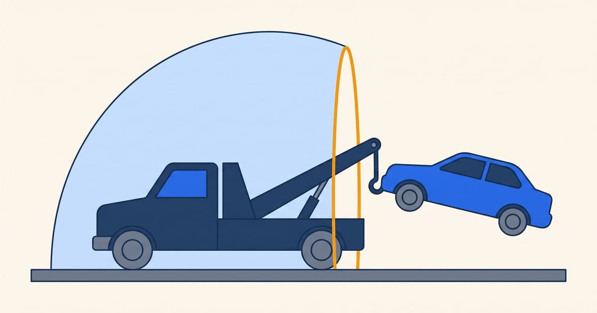 Diagram of towing coverage: a tow truck under a protective shell that stops short of the car on its hook, showing the on-hook gap a liability policy leaves
