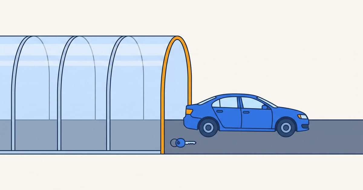 Diagram of where Turo host coverage ends: a car past the edge of its protection with the keys handed over, showing the gap a personal auto policy leaves