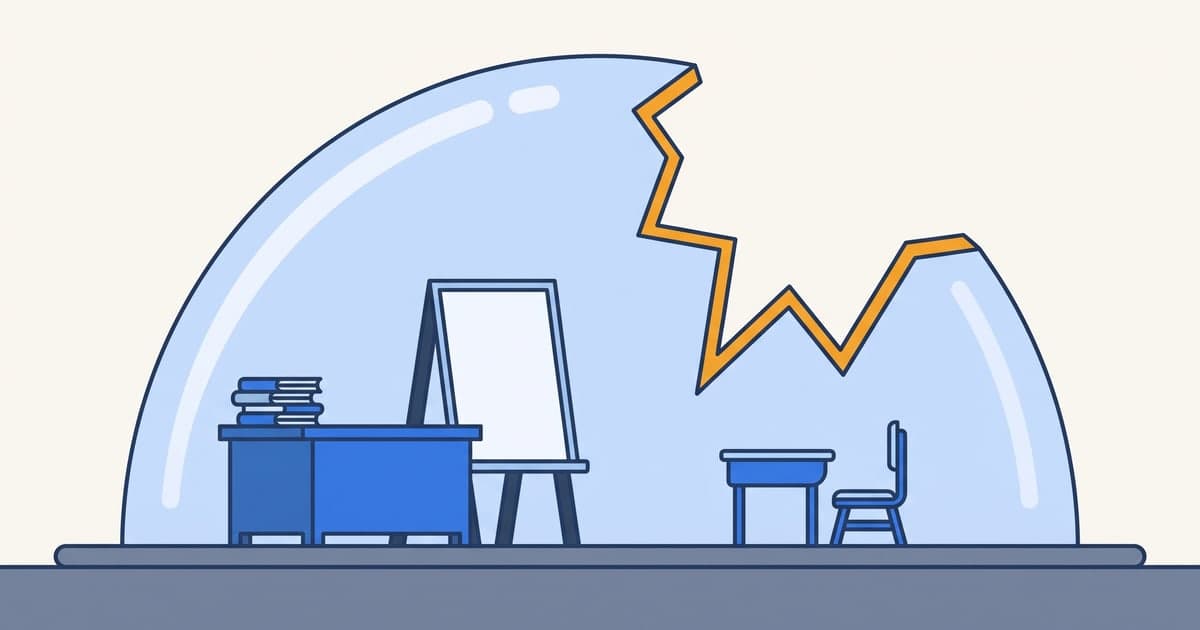 Diagram of the tutoring coverage gap: the teacher's desk stays under intact glass while the shell breaks open above the child's desk, where abuse cover is excluded