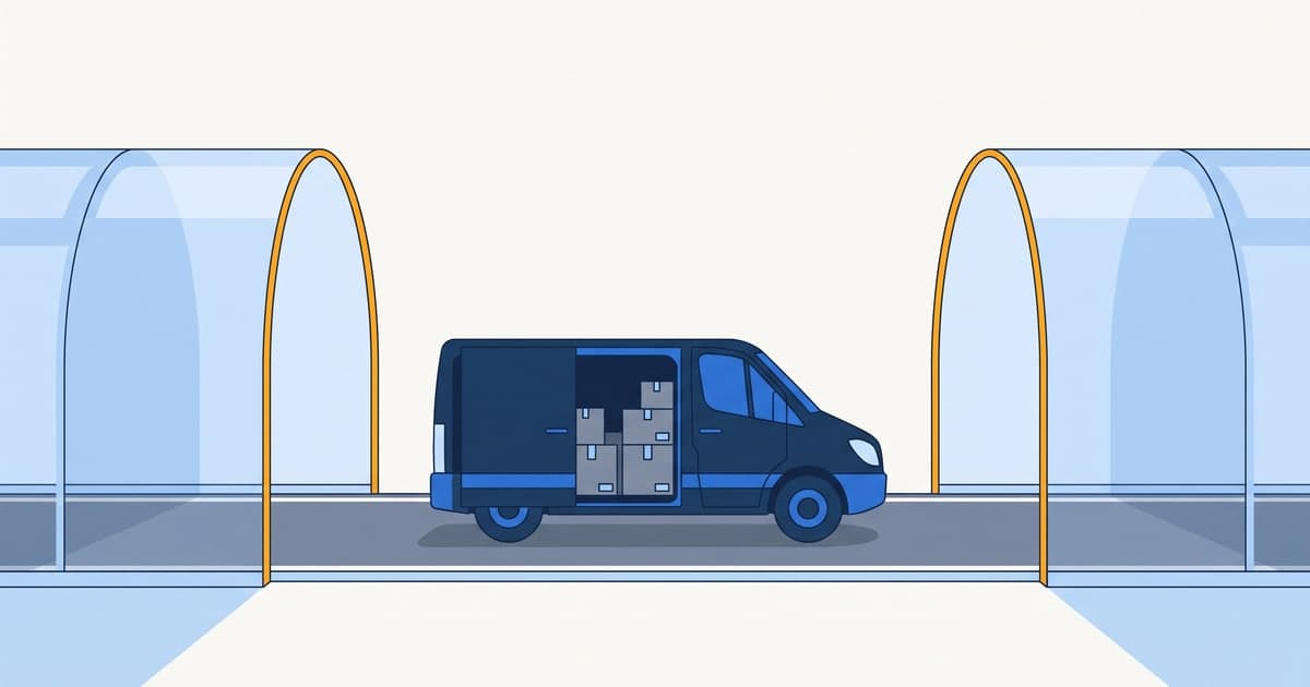 Diagram of the Amazon Flex coverage gap between delivery blocks: a delivery van stranded in the uncovered span between two sheltered sections of road