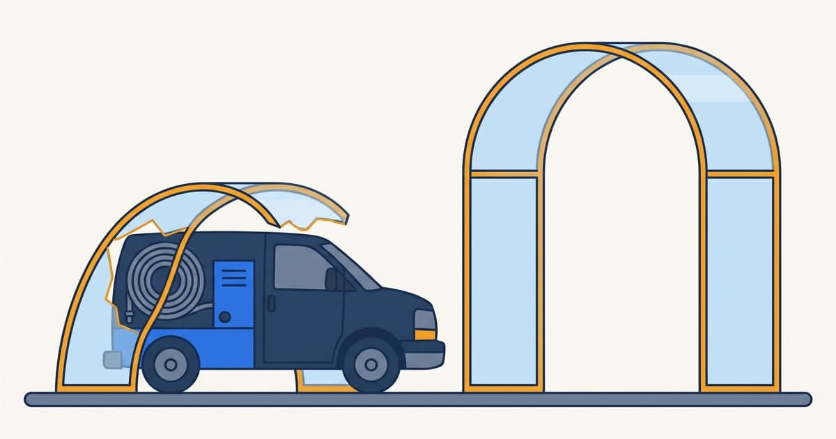 Diagram of a carpet cleaning van too big for a personal auto policy: the truck-mounted rig breaks the low shell while a taller commercial one stands ready