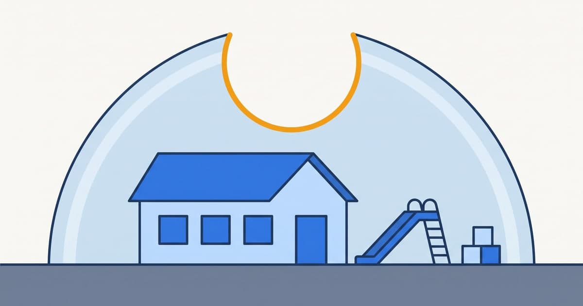 Diagram of daycare liability insurance gaps: a childcare building and playground under a protective dome with a section missing above them