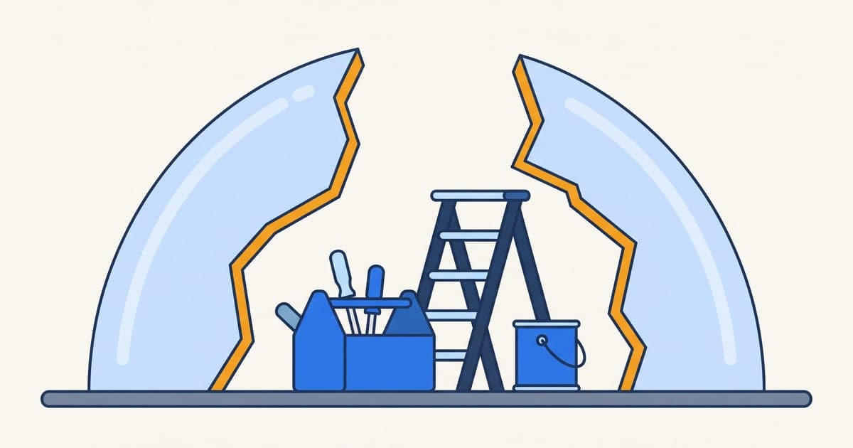 Diagram of a handyman working uninsured: a toolbox, step ladder and paint tin left exposed beneath a shattered liability shell