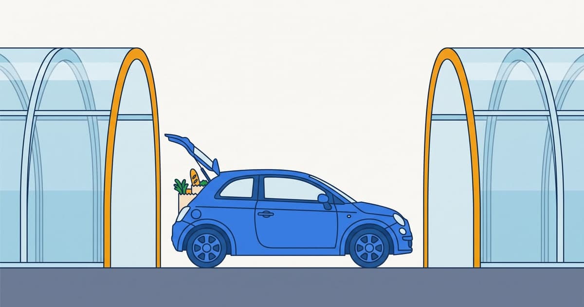 Diagram of the Instacart shopper coverage gap: a grocery-laden car on an open stretch of road between two sheltered sections, covered by neither