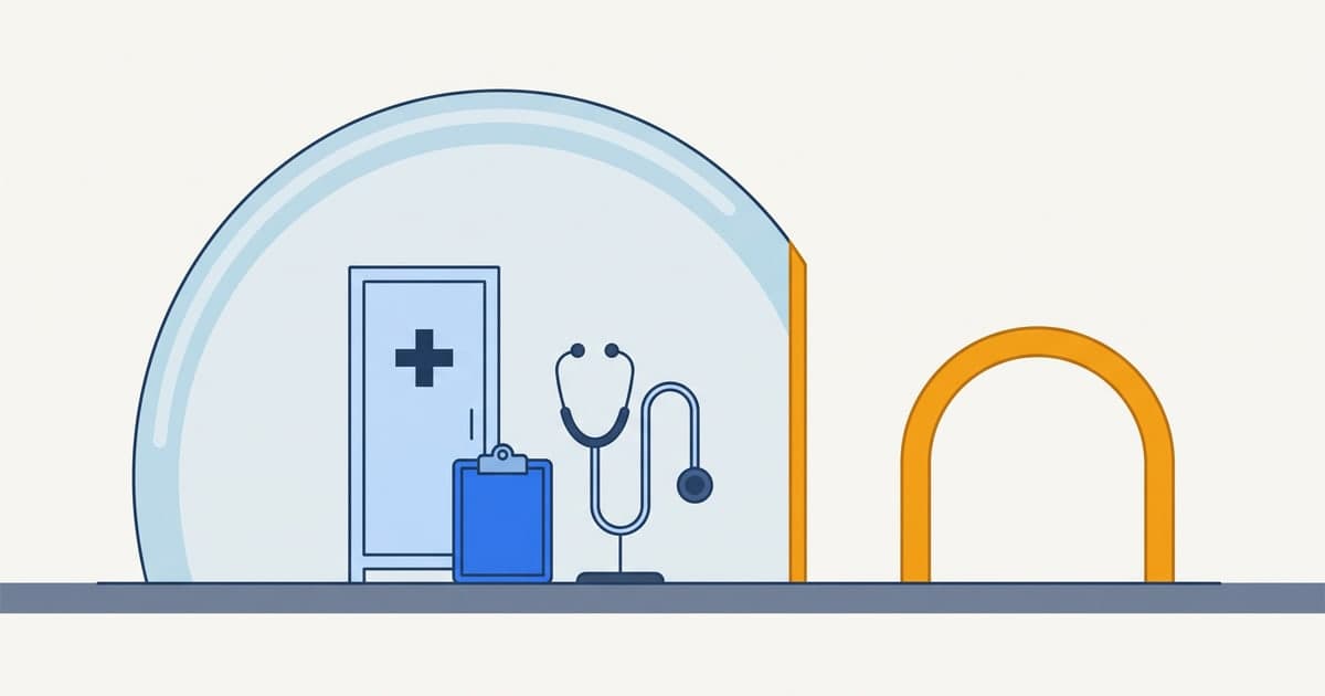 Diagram of the nurse practitioner tail coverage trap: clinic equipment under a malpractice shell that stops dead, with separate cover standing detached beyond