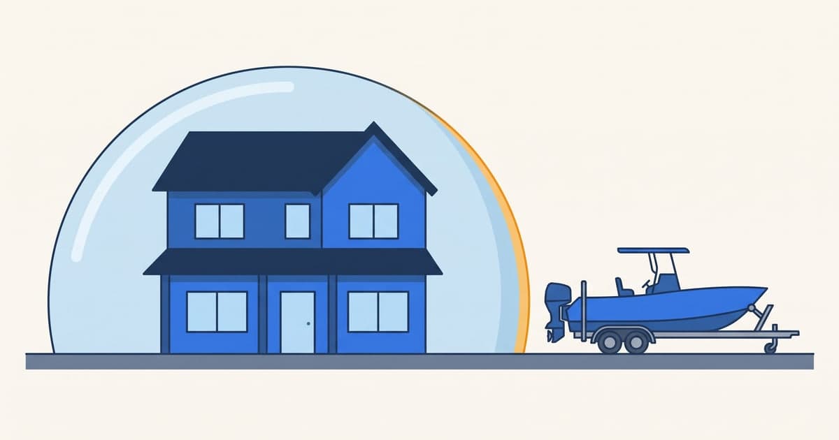 Illustration of a Virginia boat owner's gap: the house sits under a homeowners policy shell while the trailered boat in the driveway is left outside it